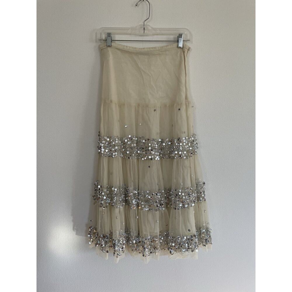 Marciano Skirt Cream Silver Side Zip Jewels Cocktail Holiday Midi Skirt Size XS